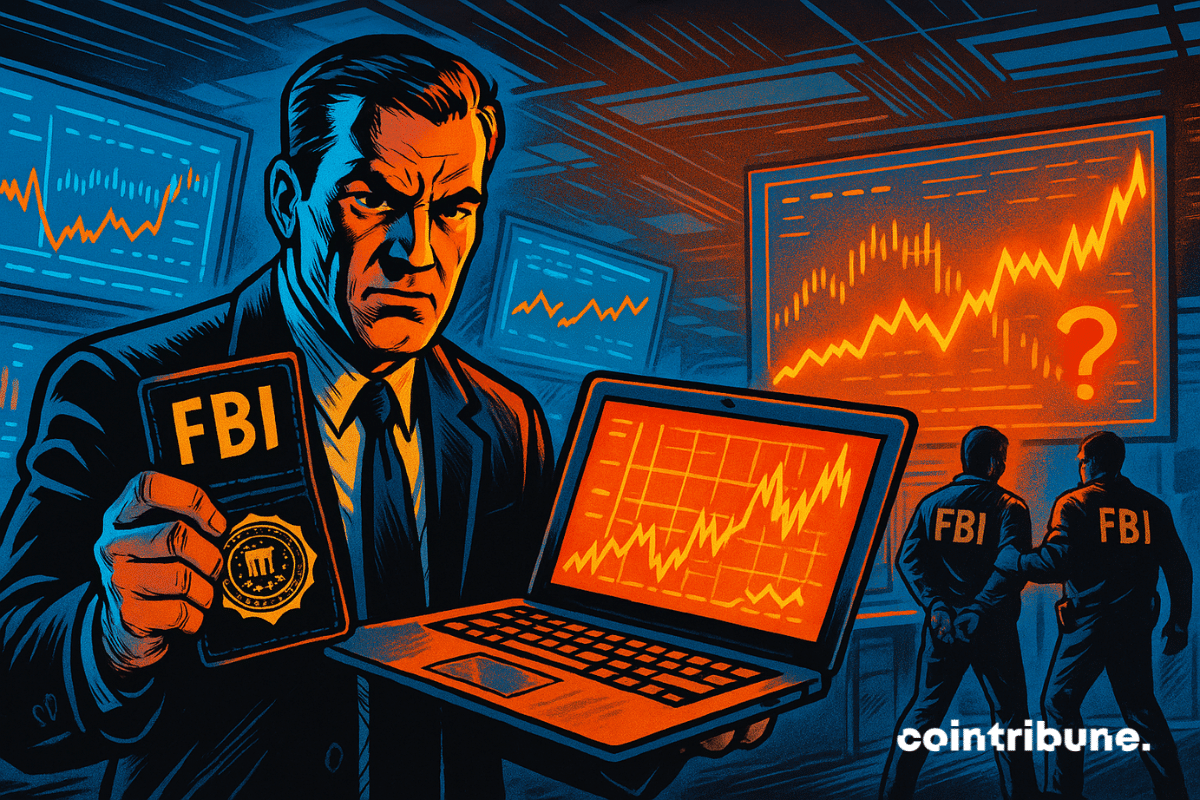 A comic-style FBI agent in a dark suit holds his badge and a laptop showing an orange market graph as two agents arrest a trader in a data-filled room.