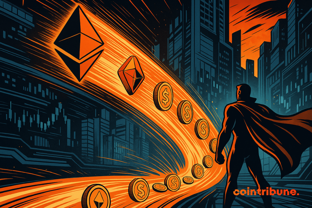 A hero watches a luminous torrent of Ethereum transform into stable coins, illuminating a futuristic city bathed in orange hues.