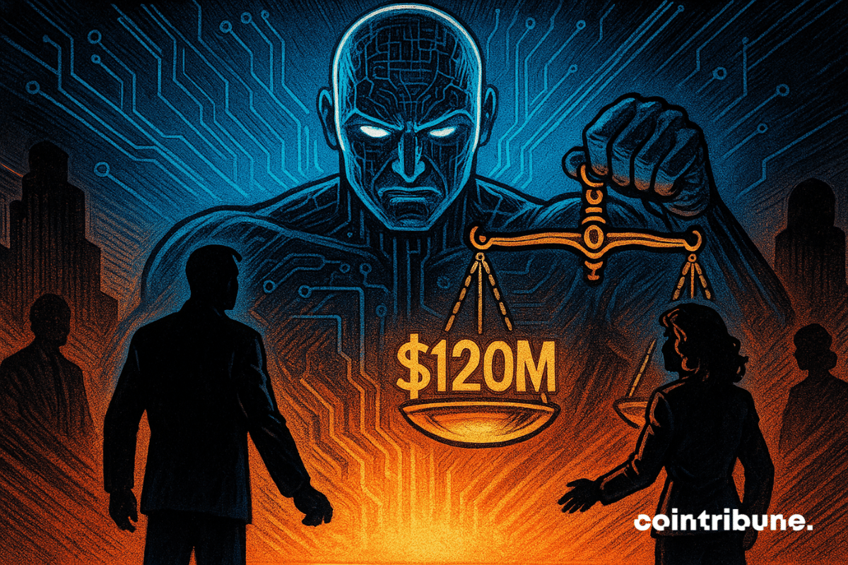 Une imposante figure humanoïde numérique aux yeux brillants tient une balance dorée affichant « 120 millions de dollars », tandis que deux silhouettes d'hommes d'affaires se tiennent devant elle au milieu d'un arrière-plan de circuits lumineux.