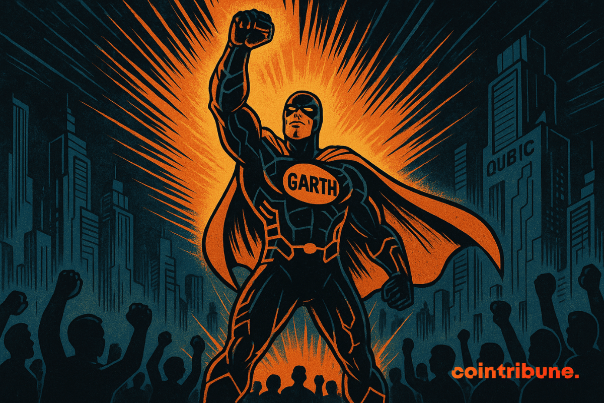 Un super-héros vêtu de noir et d’orange avec « GARTH » sur sa poitrine lève le poing devant une foule en liesse, entourée de gratte-ciel étiquetés « QUBIC ».