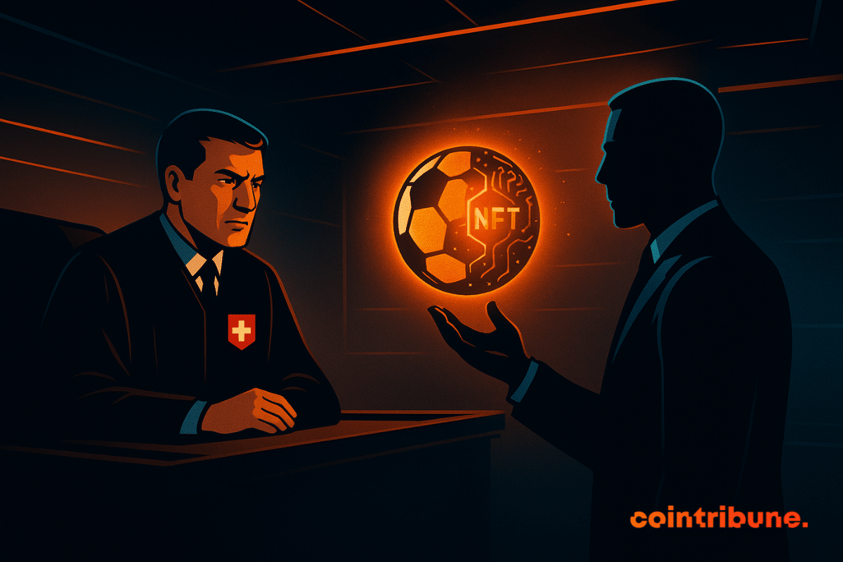Un juge suisse sévère fait face à une silhouette en costume sombre dans une salle d'audience futuriste, un ballon de football NFT orange brillant flottant entre eux sous la lumière du néon.