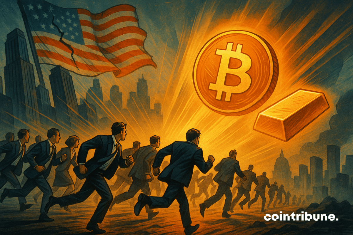 Investors in suits rush through a dark city toward a glowing Bitcoin and gold bar under a cracked American flag.