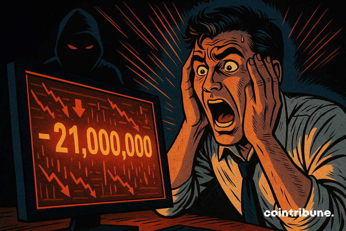 Un trader crypto horrifié crie devant un écran rouge affichant une perte énorme, tandis qu’un hacker sombre l’observe derrière.