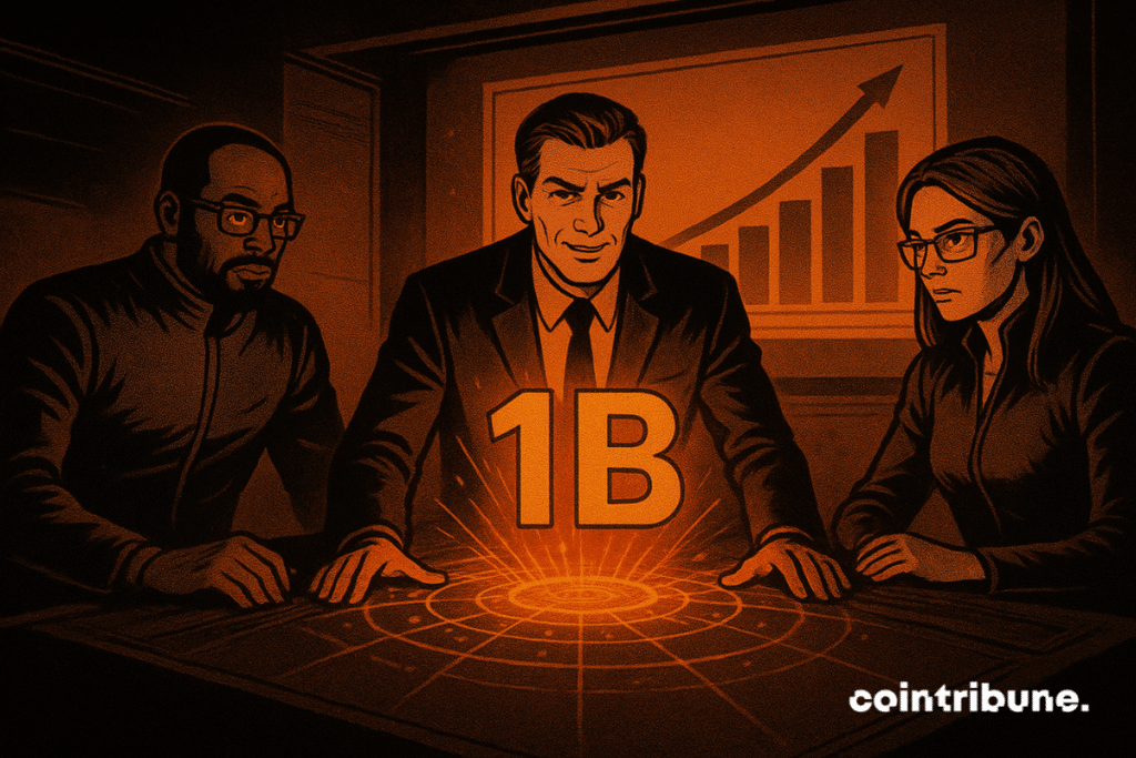 Tres estrategas decididos estudian un "1B" holográfico brillante en una sala de conferencias oscura e iluminada con luz naranja, con un gráfico ascendente detrás de ellos al estilo de un cómic.