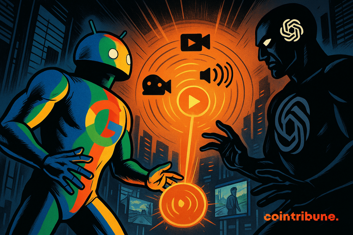 Two androids representing Google and OpenAI face off in a futuristic city, separated by an orange energy sphere.