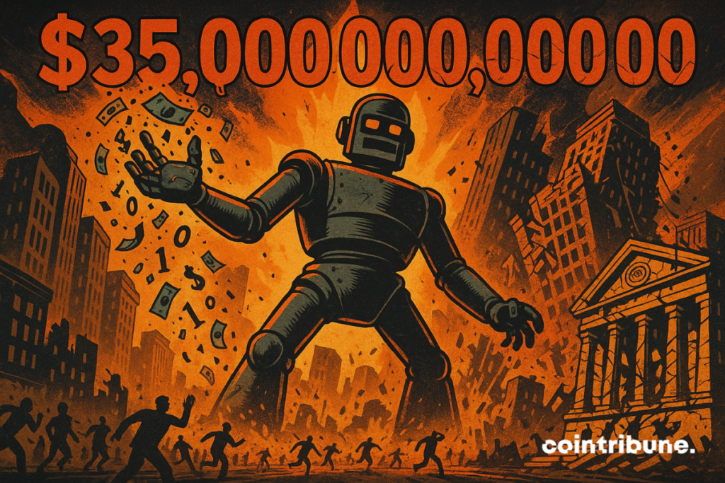 Un robot humanoïde géant au design rétro-futuriste, se tient au centre d’une avenue financière fictive, rappelant Wall Street. Il déverse une pluie de dollars numériques, ce qui symbolise le krach boursier potentiel lié à la bulle IA selon une ancienne dirigeante du FMI.
