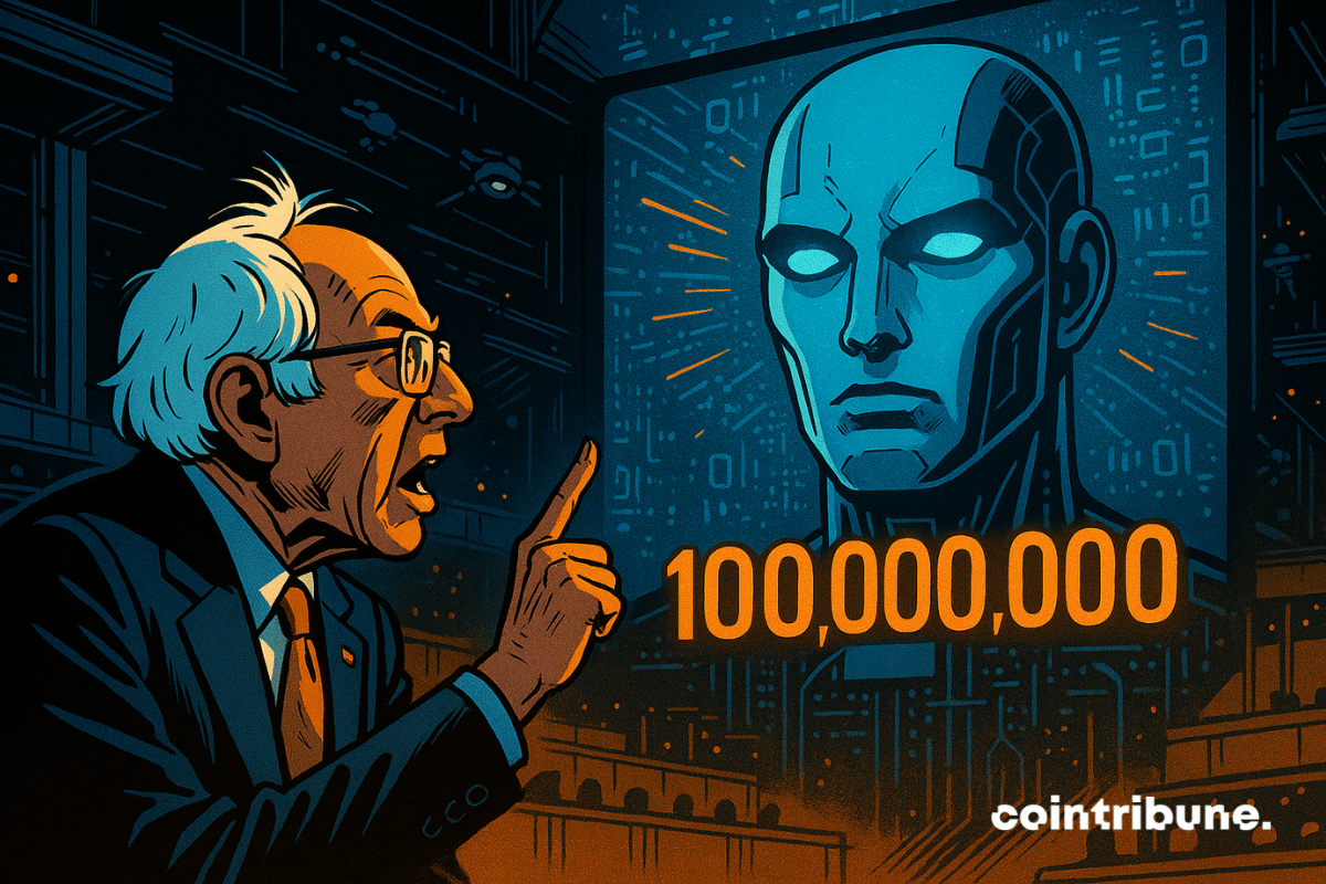 Bernie Sanders, pequeño pero decidido, está ubicado en la parte inferior izquierda, frente a una enorme cabeza de IA mostrada en una pantalla digital gigante.
