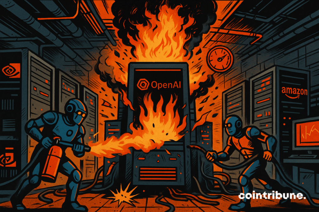 Un serveur central gigantesque est en surchauffe. De la fumée noire et des flammes orange vif jaillissent de ses grilles. Le logo stylisé d’OpenAI clignote en rouge sur sa façade, tandis que les logos Nvidia et Amazon apparaissent sur deux serveurs adjacents en train de surchauffer également. Des câbles fondus pendent ou claquent au sol dans des gerbes d’étincelles.