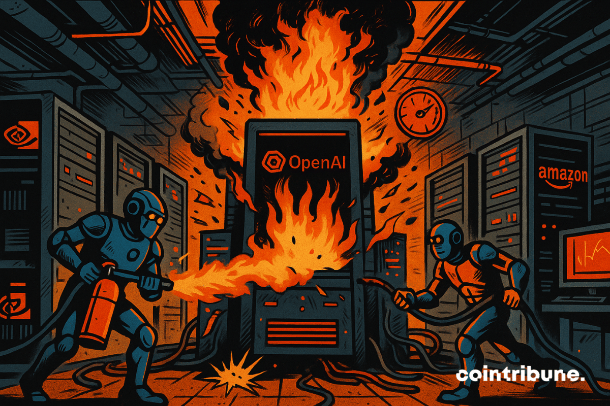 Un serveur central gigantesque est en surchauffe. De la fumée noire et des flammes orange vif jaillissent de ses grilles. Le logo stylisé d’OpenAI clignote en rouge sur sa façade, tandis que les logos Nvidia et Amazon apparaissent sur deux serveurs adjacents en train de surchauffer également. Des câbles fondus pendent ou claquent au sol dans des gerbes d’étincelles.
