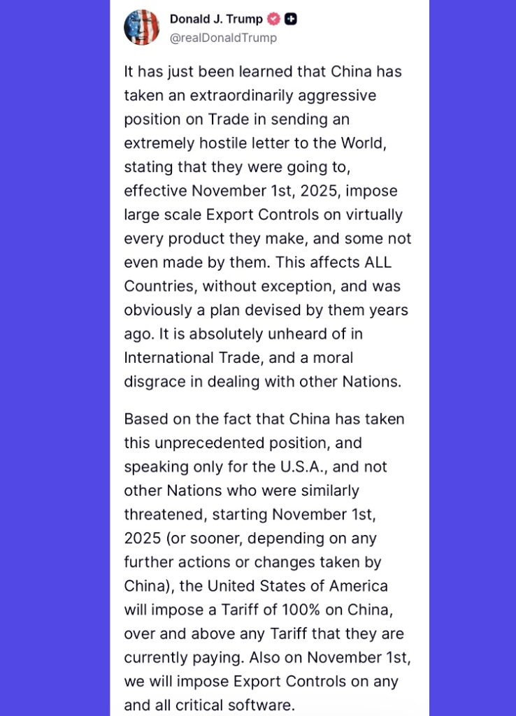 Donald Trump's announcement of a 100% increase in tariffs on China created chaos in the crypto market.