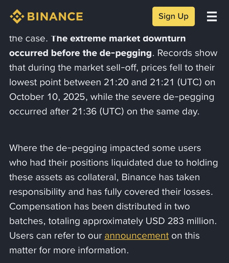 On October 12, 2025, Binance announced paying 283 million dollars in compensation to crypto users affected by the depegs of three major assets: USDe (Ethena), BNSOL (Binance Solana) and WBETH (Wrapped Beacon ETH).