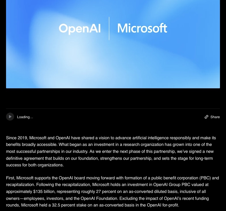Microsoft confirme aujourd’hui sa détention de 27 % des parts d’OpenAI ! Un chiffre révisé, après des spéculations initiales évoquant 21 %. Cet investissement s’inscrit dans une collaboration de longue date, avec plus de 13 milliards de dollars injectés depuis 2019.