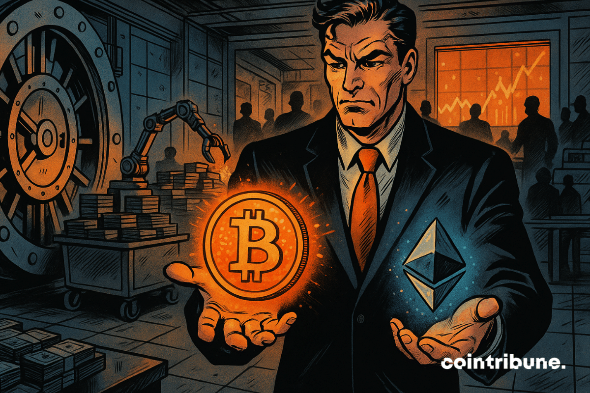 Un banquero de JPMorgan guarda Bitcoin y Ethereum dentro de una bóveda mientras las criptomonedas reemplazan al dinero fiduciario.