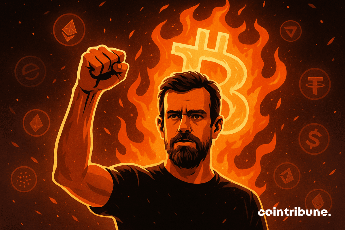 Jack Dorsey raises his fist in front of a fiery Bitcoin symbol, surrounded by floating crypto logos glowing in orange tones.