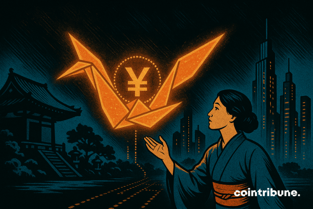 A Japanese woman in a kimono gazes toward a glowing orange origami crane with a yen symbol, standing between a traditional temple and futuristic skyscrapers.