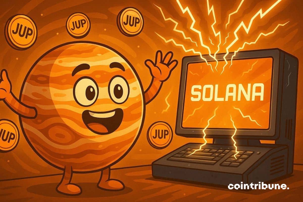 Júpiter em frente a um computador SOLANA no qual ele lançará seu mercado de pregações.