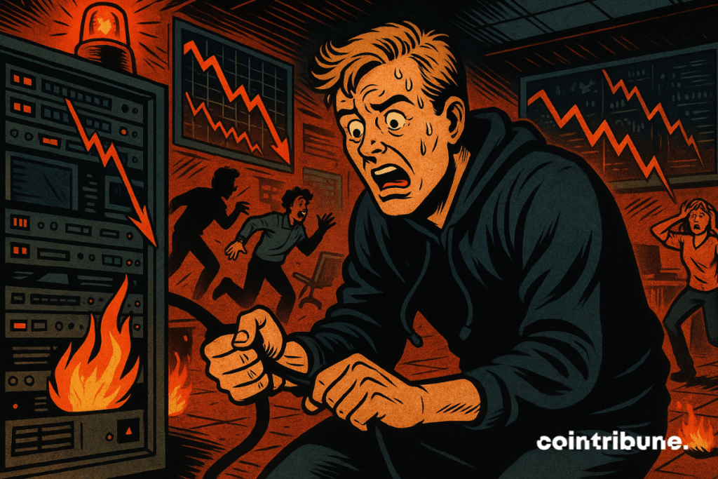Panic erupts in Kadena server room as systems fail and KDA value crashes on digital screens.