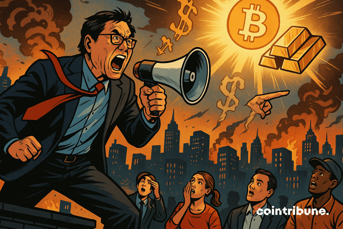 Kiyosaki crie depuis un toit, avec Bitcoin et l'or s'élevant au-dessus d'un paysage urbain en flammes.