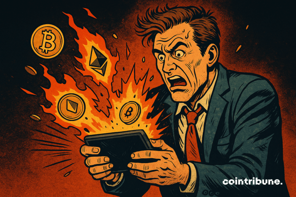 Un trader paniqué observe son portefeuille Bitcoin après des liquidations massives.
