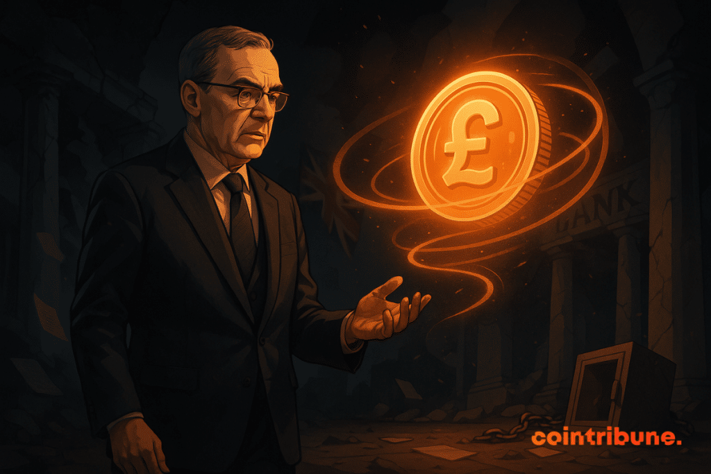 Un vieil homme en costume sombre observe un hologramme lumineux représentant des pièces de stablecoins flottant parmi les ruines d’une banque.