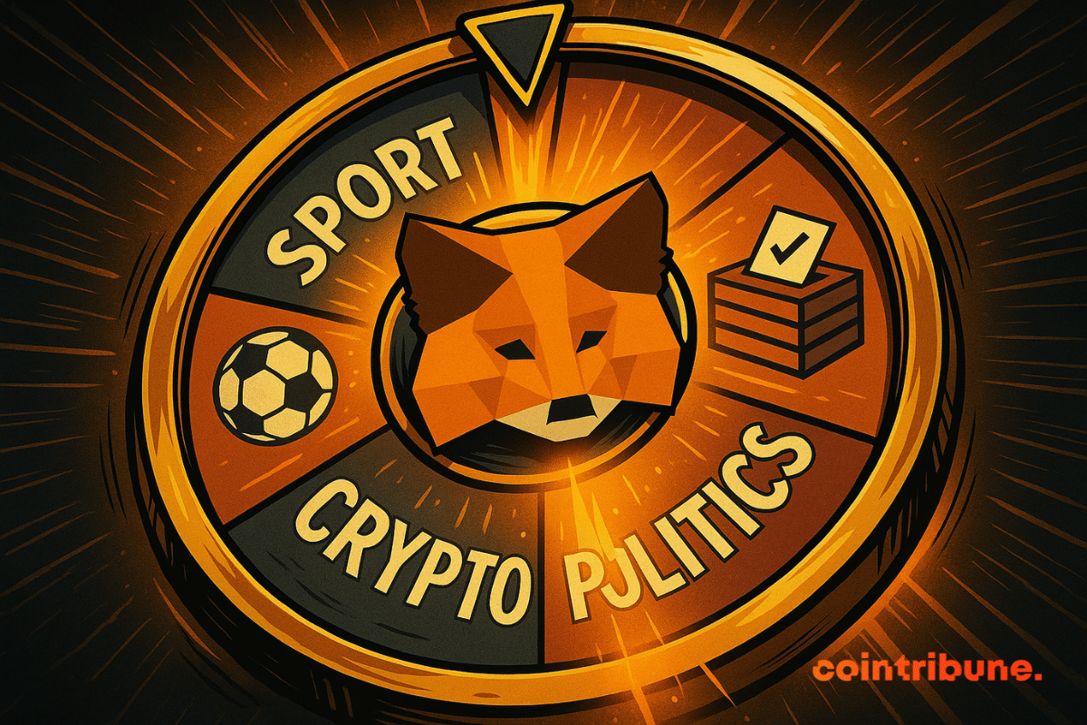 A vibrant dynamic betting wheel, divided into SPORT, CRYPTO, and POLITICS sections, centered around the MetaMask fox logo.
