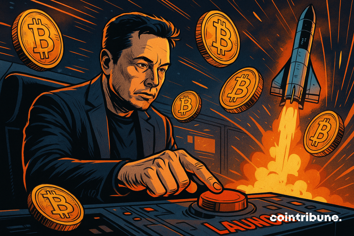 Elon Musk appuie sur un bouton rouge, entouré de Bitcoins flottants et d’une fusée SpaceX décollant dans une lumière orange.