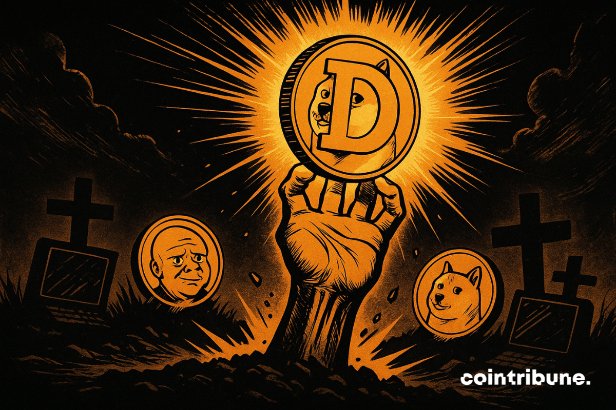 A dramatic comic-style image shows a hand bursting from the ground in a graveyard, holding a glowing Dogecoin coin as light radiates around it in orange and black tones.