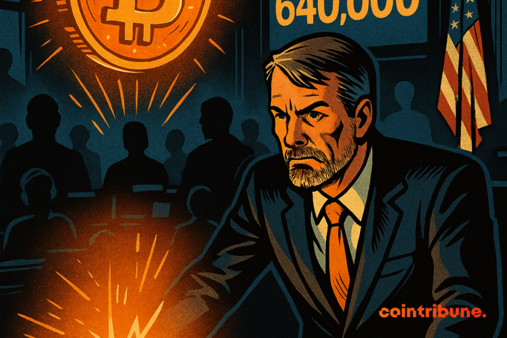 Michael Saylor dans une salle de contrôle, interagissant avec un hologramme Bitcoin brillant et le chiffre 640 000.