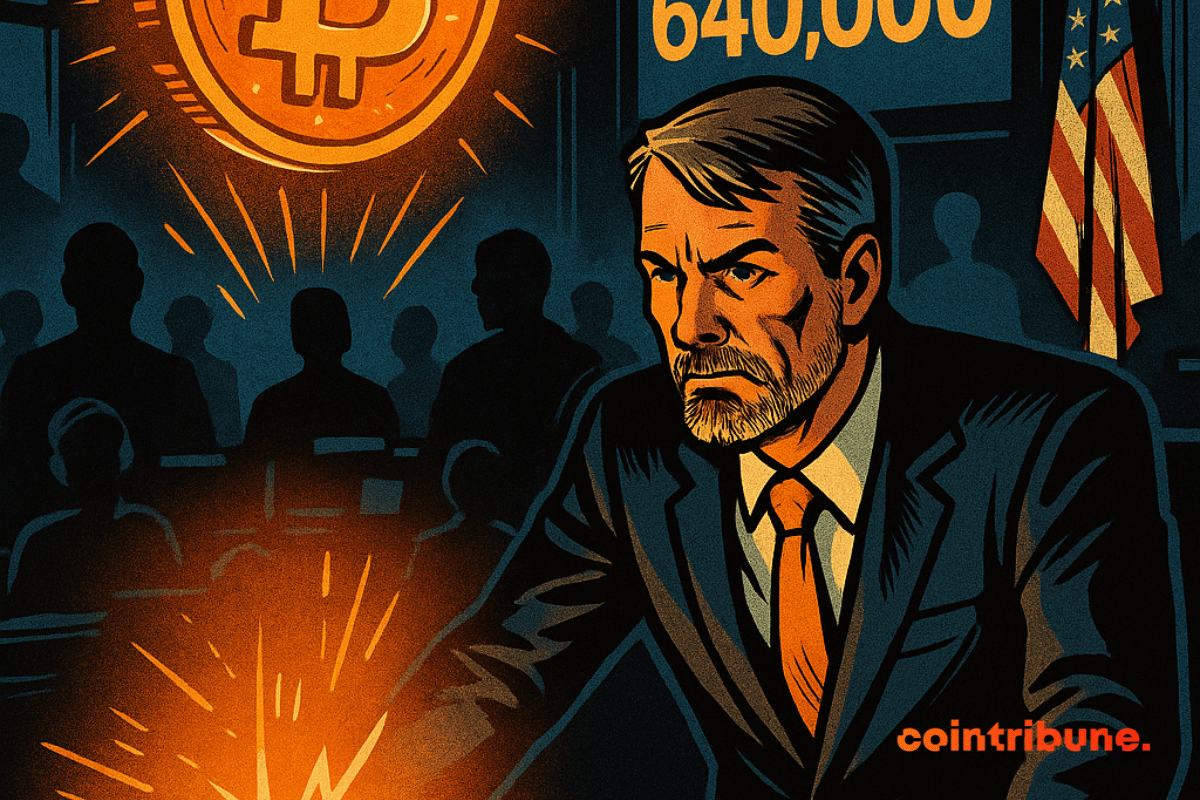 Michael Saylor dans une salle de contrôle, interagissant avec un hologramme Bitcoin brillant et le chiffre 640 000.