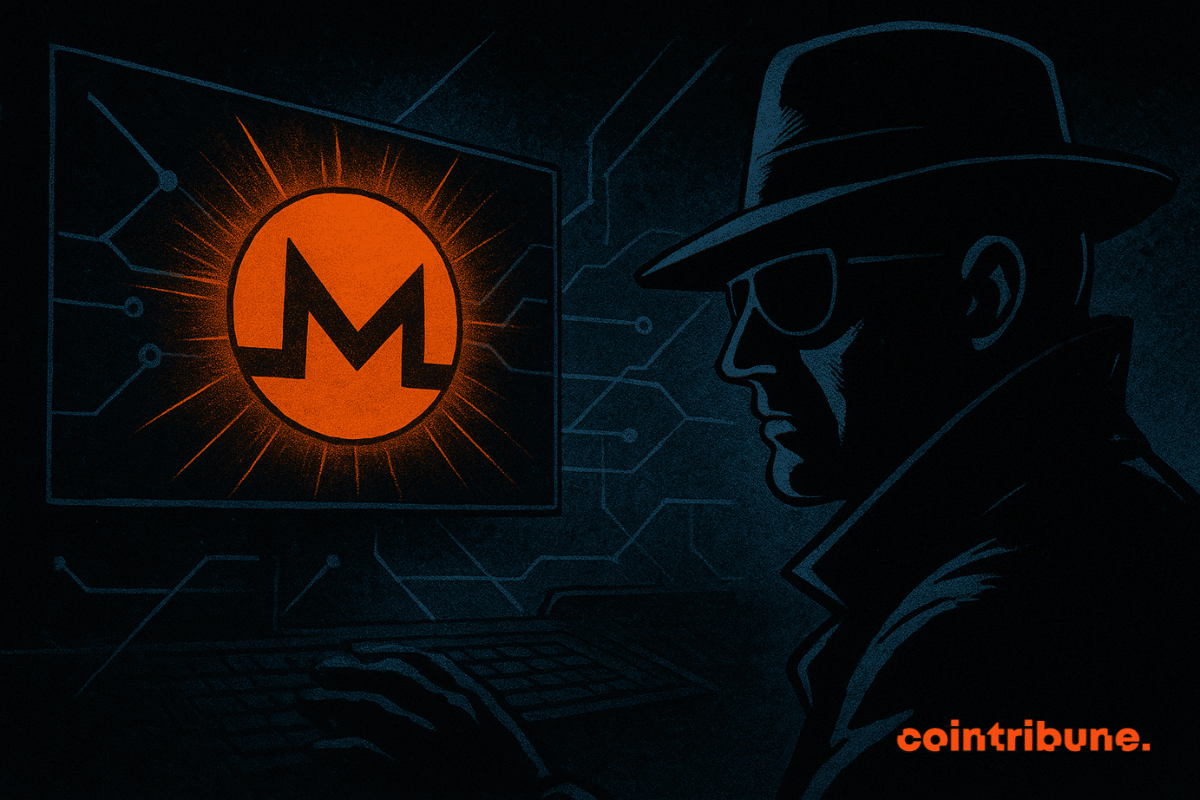 Uma figura sombria com chapéu fedora e óculos escuros digita em um teclado enquanto observa o logotipo laranja brilhante da Monero em uma tela digital repleta de linhas de circuitos.