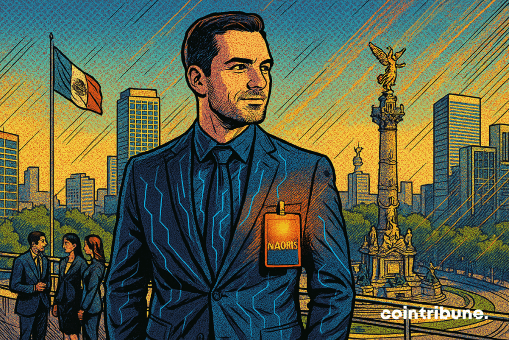 Un homme en costume sombre, arborant un badge lumineux « Naoris », se tient devant le monument de l’Ange de l’Indépendance à Mexico, au coucher du soleil. À l’arrière-plan, le drapeau mexicain flotte, entouré de gratte-ciel et d’autres cadres en costume.