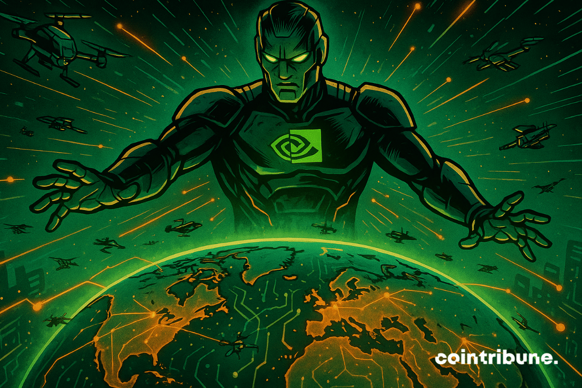 Figura da Nvidia em armadura futurista controla uma Terra brilhante com drones e circuitos tecnológicos no céu.