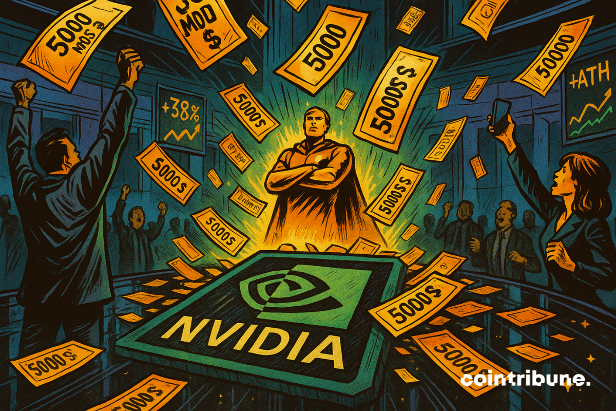 Une pluie dense de billets numériques tombe en cascade vers le sol. Les billets affichent en grand le chiffre « 5000 Mds $ », certains en plein vol, d’autres déjà accumulés autour du logo de Nvidia, ce qui symbolise sa nouvelle capitalisation boursière.