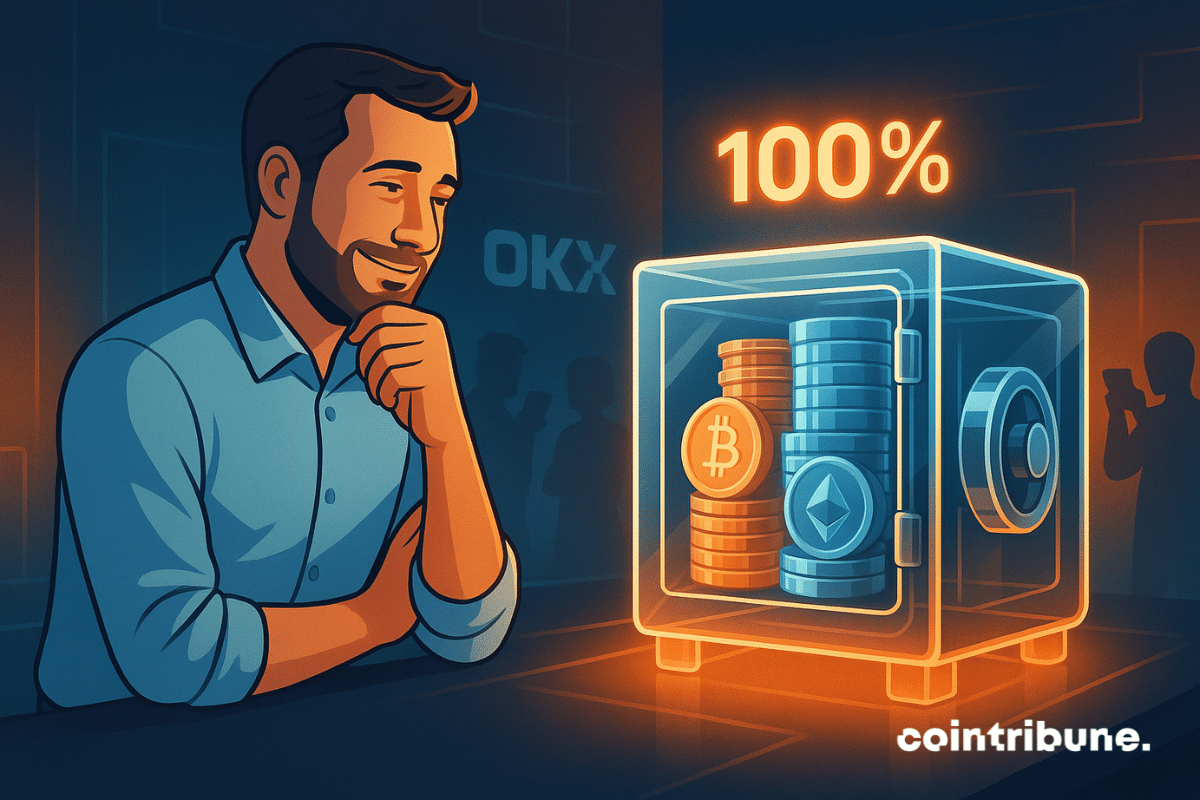 Un homme souriant observe un coffre-fort transparent contenant des piles de jetons Bitcoin et Ethereum, avec l’indication « 100 % » flottant au-dessus. En arrière-plan, le logo OKX et des silhouettes de personnes discutant.
