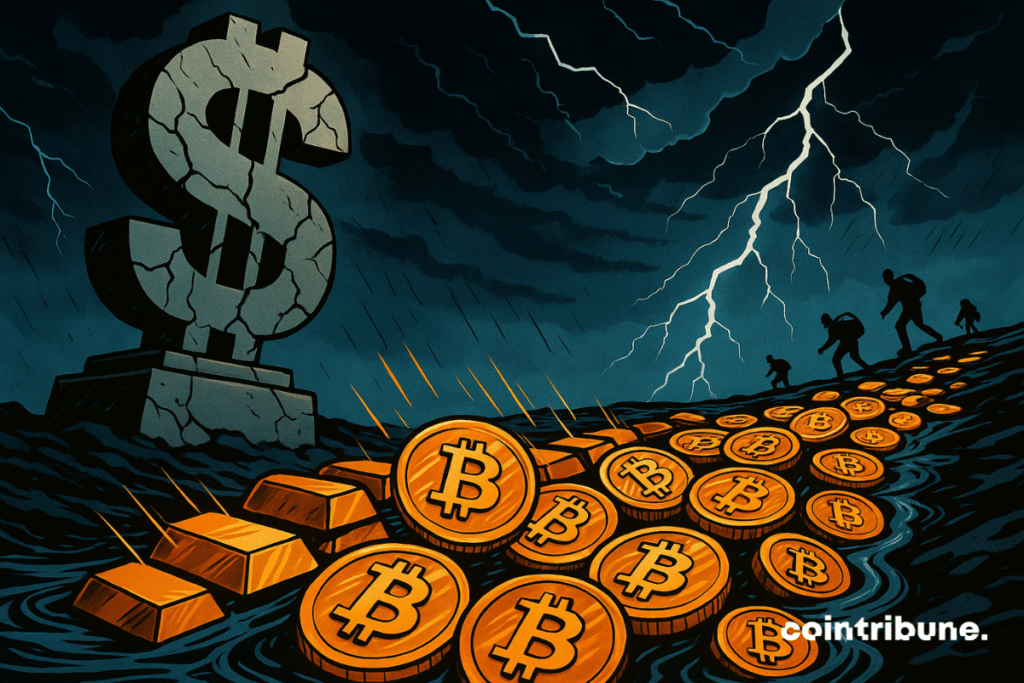 A cracked statue of the dollar collapses in the storm, while a river of gold and Bitcoins sweeps away human silhouettes.
