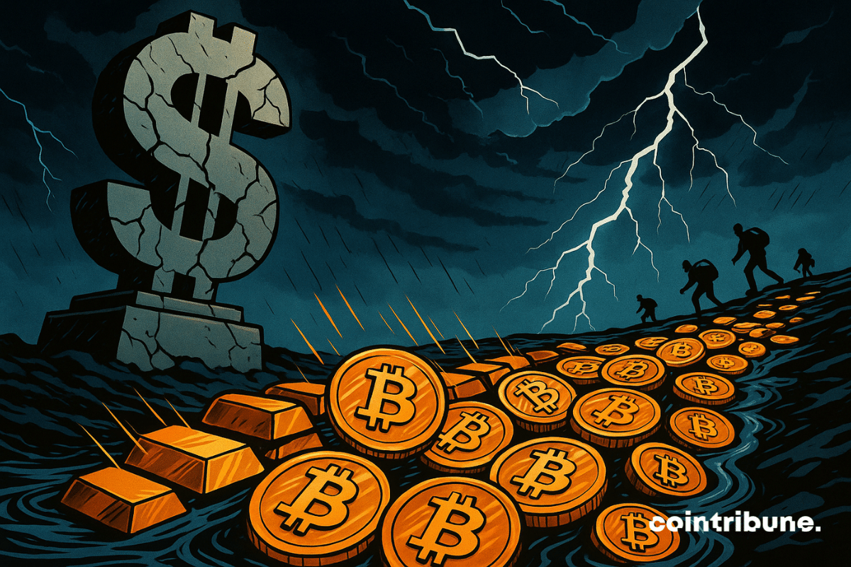 Une statue fissurée du dollar s’effondre sous l’orage, tandis qu’un fleuve d’or et de Bitcoins emporte des silhouettes humaines.