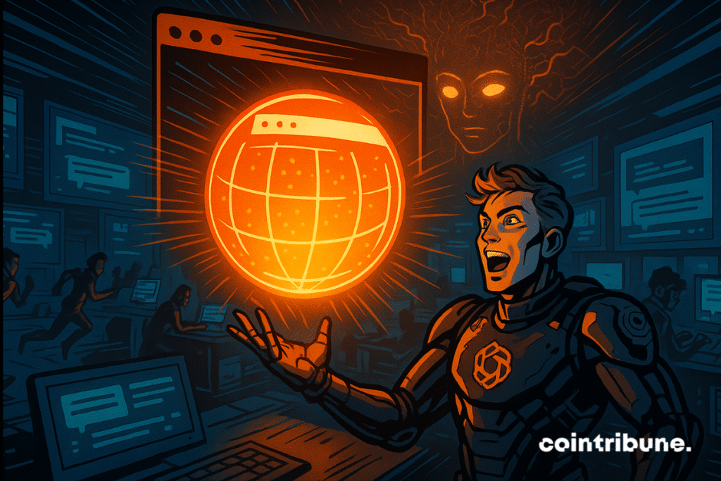 Futuristic hero activates glowing AI globe in a high-tech command center filled with energy.