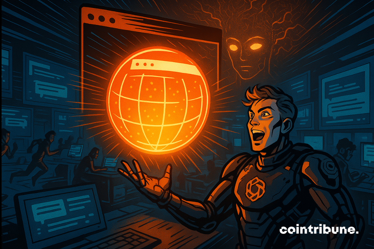 Futuristic hero activates glowing AI globe in a high-tech command center filled with energy.