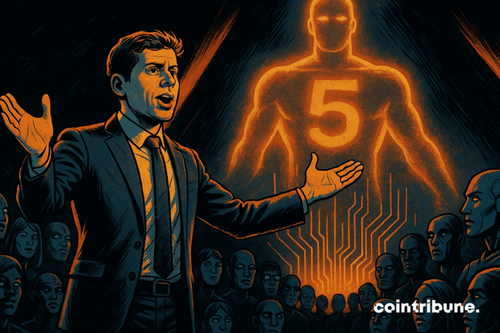 Sam Altman discursa para uma multidão enquanto uma figura de IA brilhante marcada com o número "5" surge ao fundo, simbolizando o GPT-5.