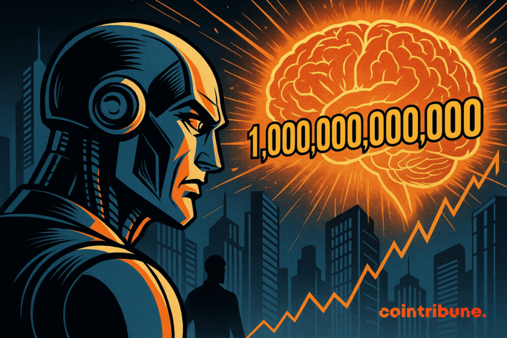 A comic-style robot stares at a glowing orange holographic brain marked with the number “1,000,000,000,000” against a futuristic city skyline.
