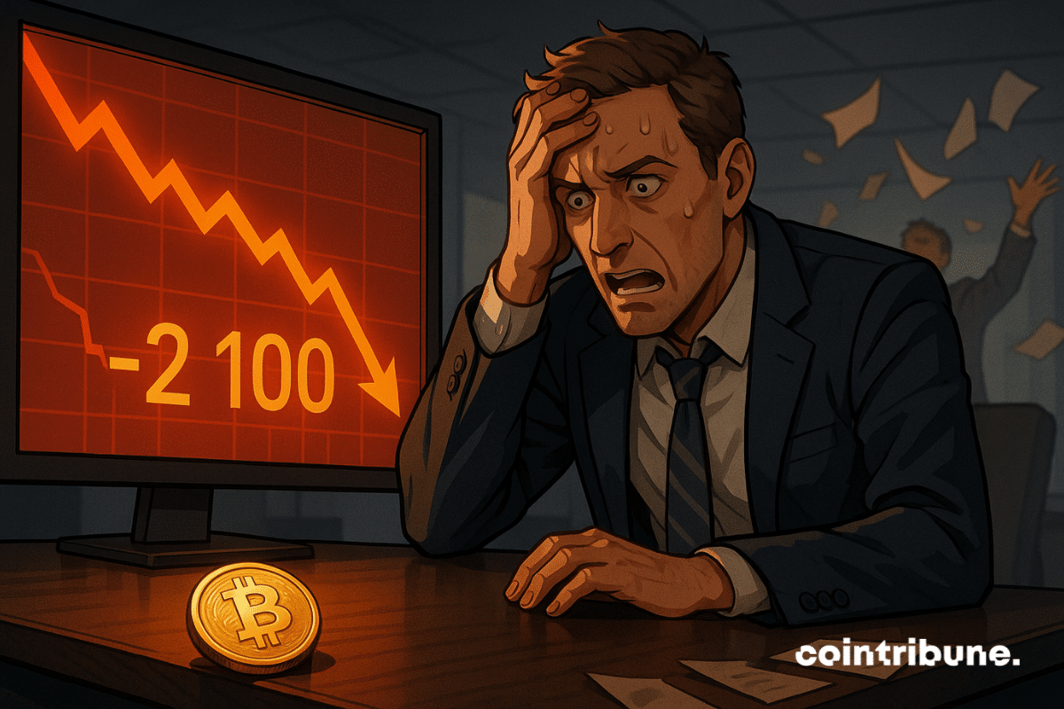 Homme paniqué devant un graphique rouge chutant, chiffre -2 100, pièce Bitcoin, scène de crise financière.