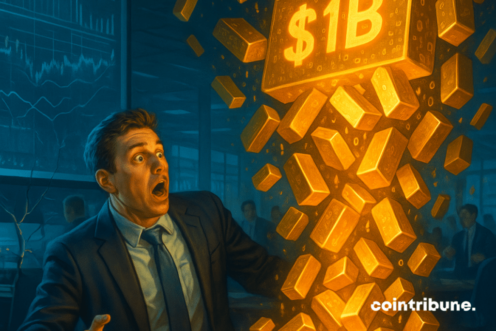 Um trader atordoado vê ouro digital caindo de uma tela, uma barra exibe "US$ 1 bilhão".