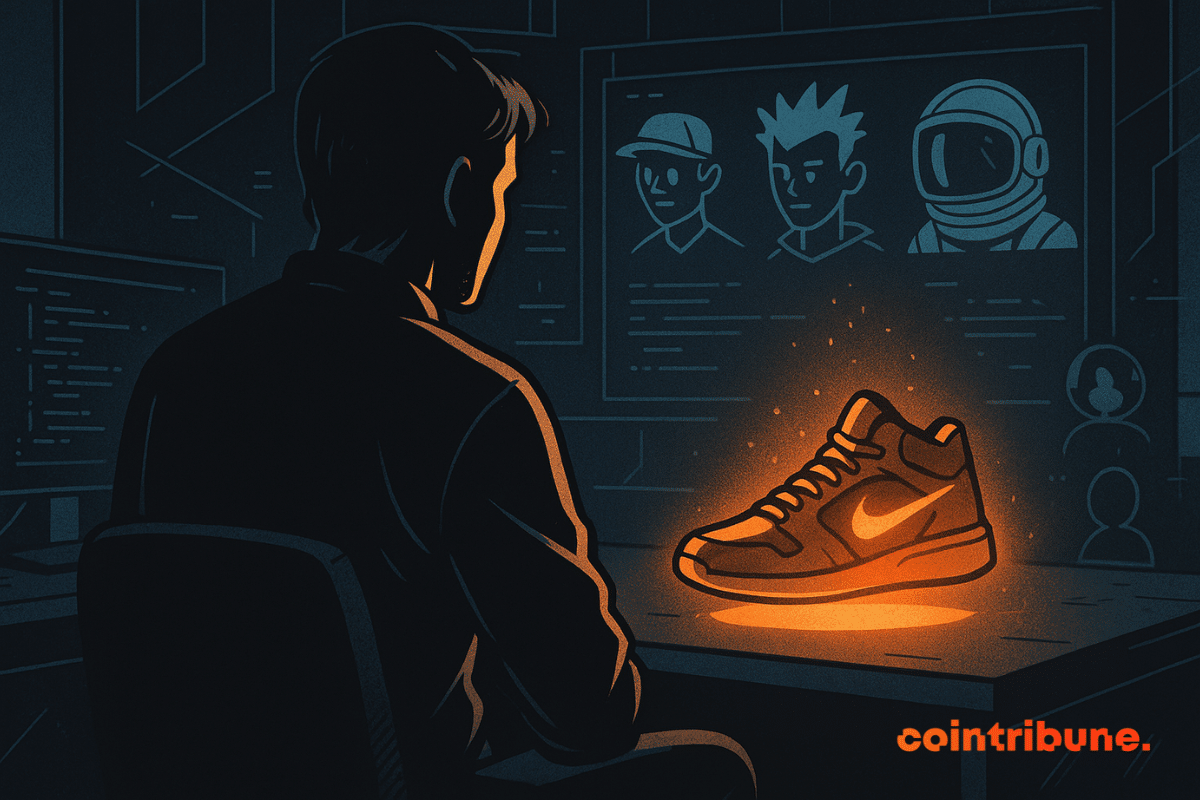 A man observes an orange holographic sneaker floating in a dark studio, bathed in soft, futuristic light.