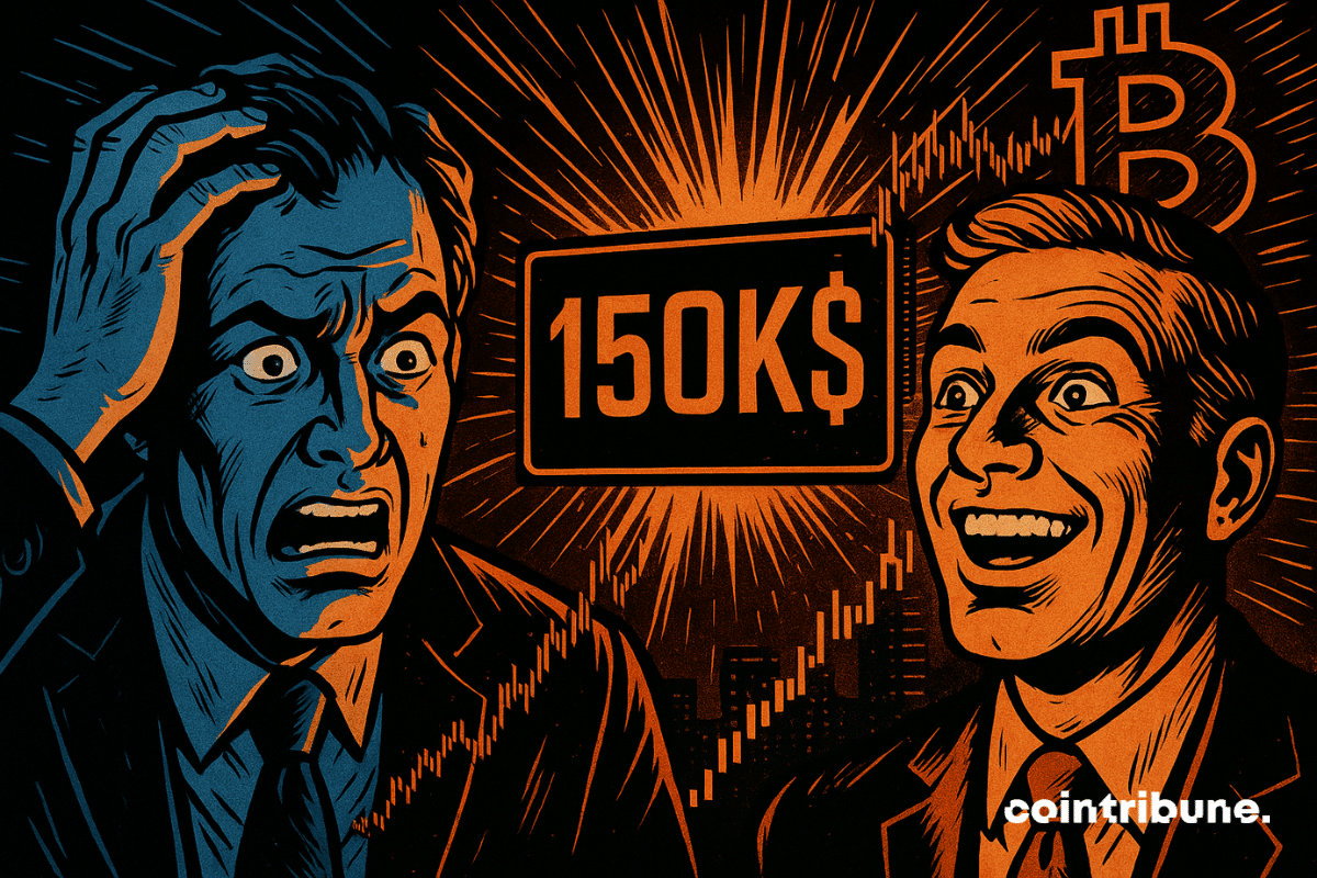 Deux hommes en costume réagissent au Bitcoin à 150K $: l’un terrifié, l’autre euphorique, dans une lumière orange dramatique.