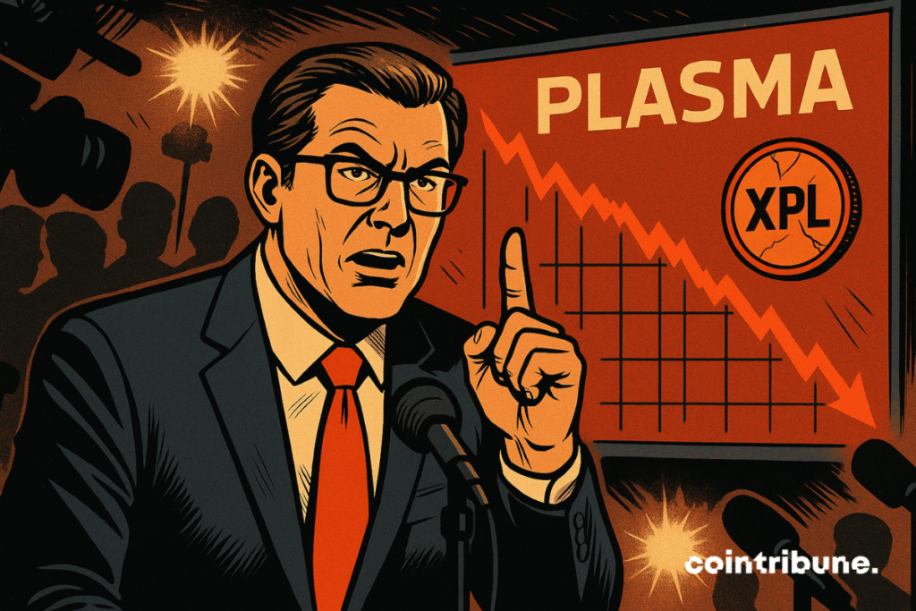 PDG tendu de Plasma dément la chute du token XPL, devant micros et graphique rouge en forte baisse.