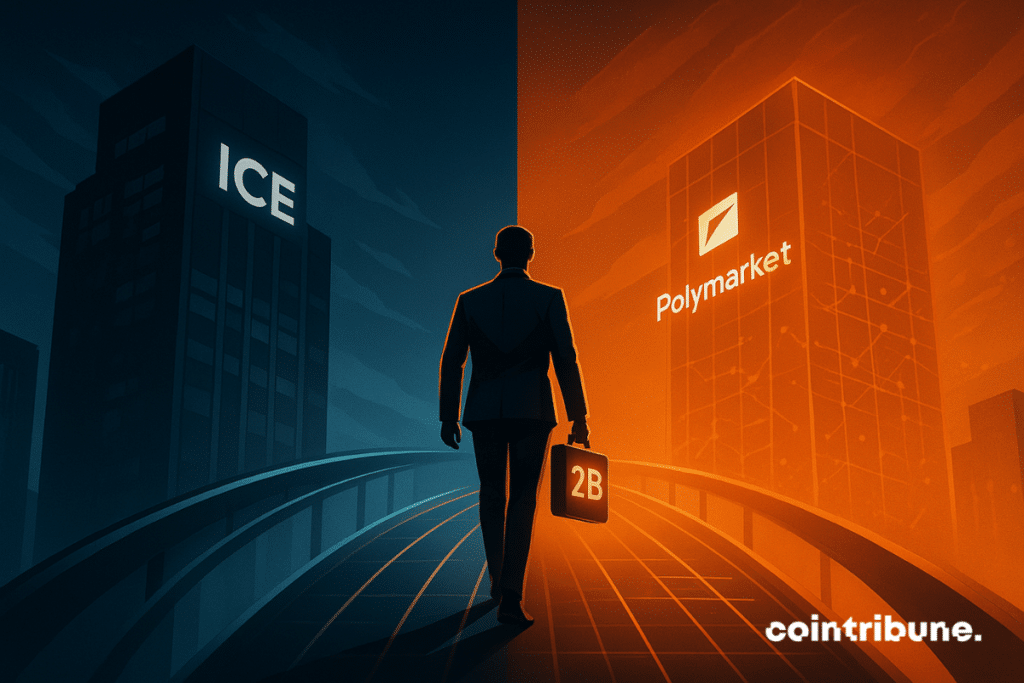 A businessman walks across a glowing bridge connecting a blue skyscraper labeled ICE and an orange one labeled Polymarket, holding a briefcase marked “2B.”