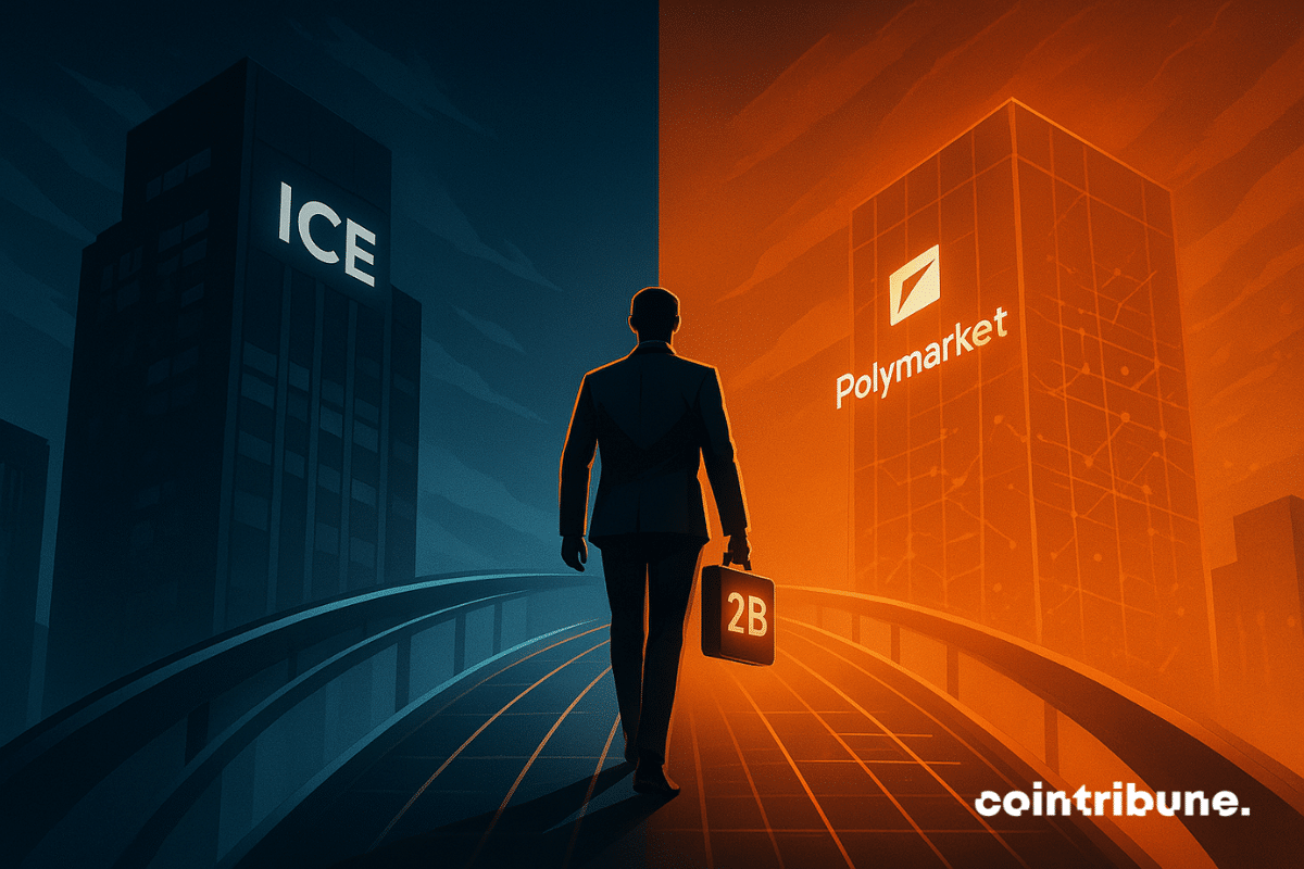 A businessman walks across a glowing bridge connecting a blue skyscraper labeled ICE and an orange one labeled Polymarket, holding a briefcase marked “2B.”