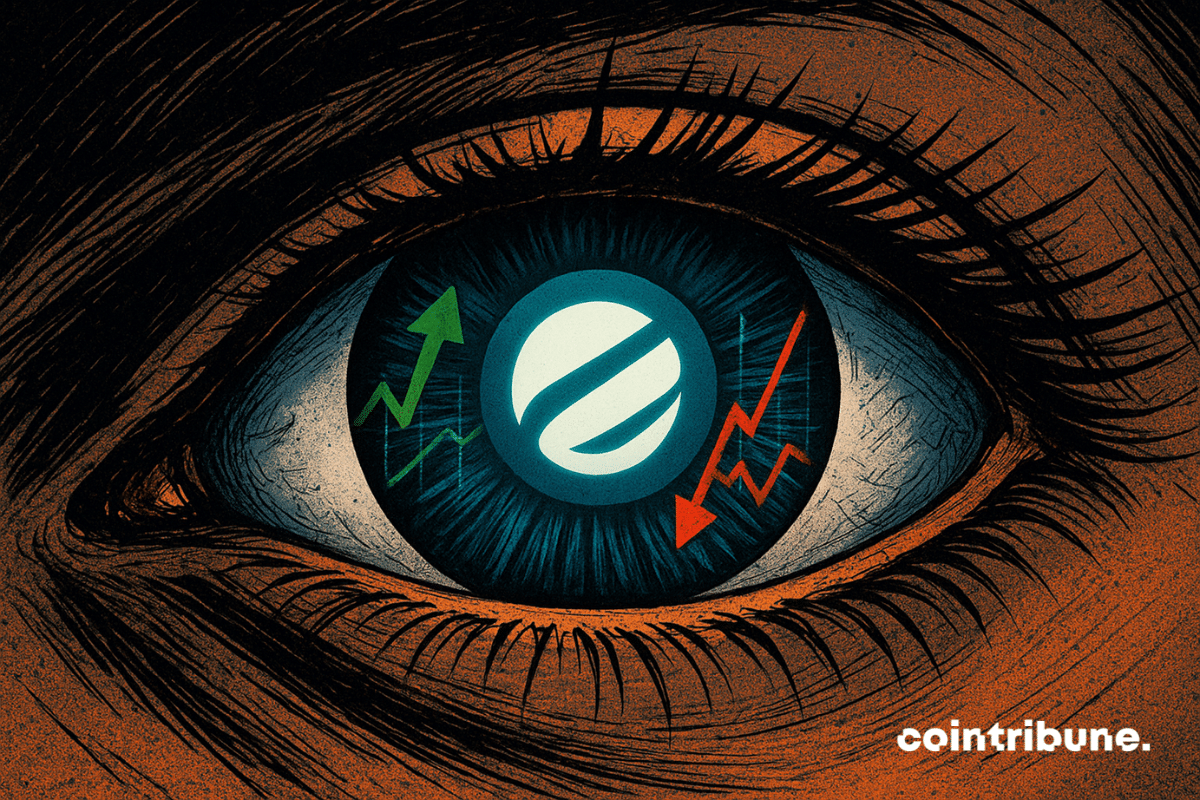 Close-up of a human eye reflecting the Polymarket logo with green upward and red downward arrows symbolizing market movements in a dramatic 1970s comic style.