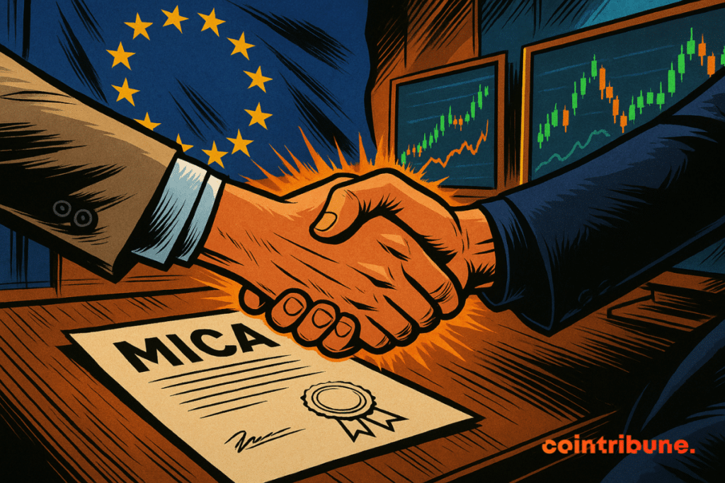 Two men shake hands in front of a European flag, a MiCA document on the table, the atmosphere dynamic and triumphant.