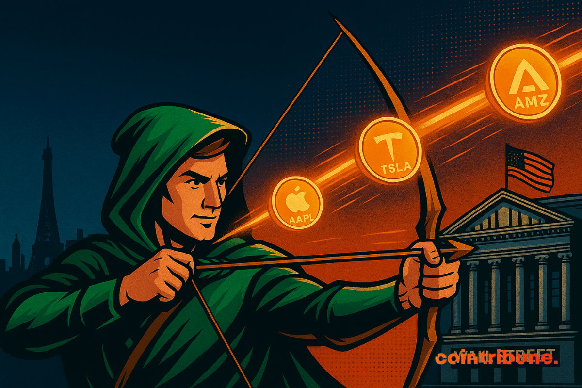 Robinhood en archer moderne tire des flèches lumineuses vers Wall Street, symbolisant la tokenisation d’actions américaines pour l’Europe.